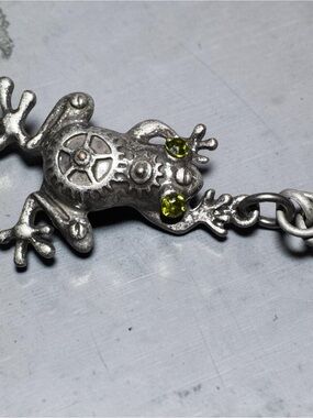Steampunk Frog Charm Necklace, Green Gem Silver Frog